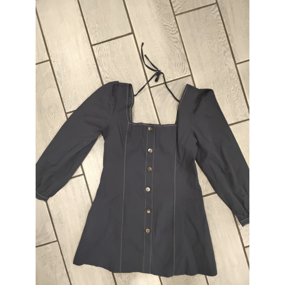 D.ARK Navy Contrast Stitch Button Front Mini Dress Long Sleeve Gray M